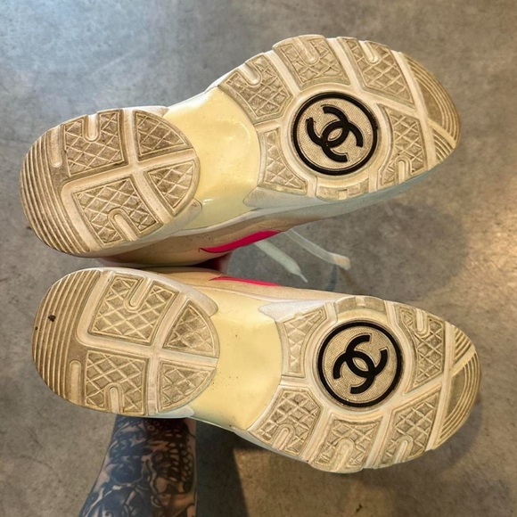 Chanel Women's Pink and Cream High-Top Sneakers - Picture 4 of 5